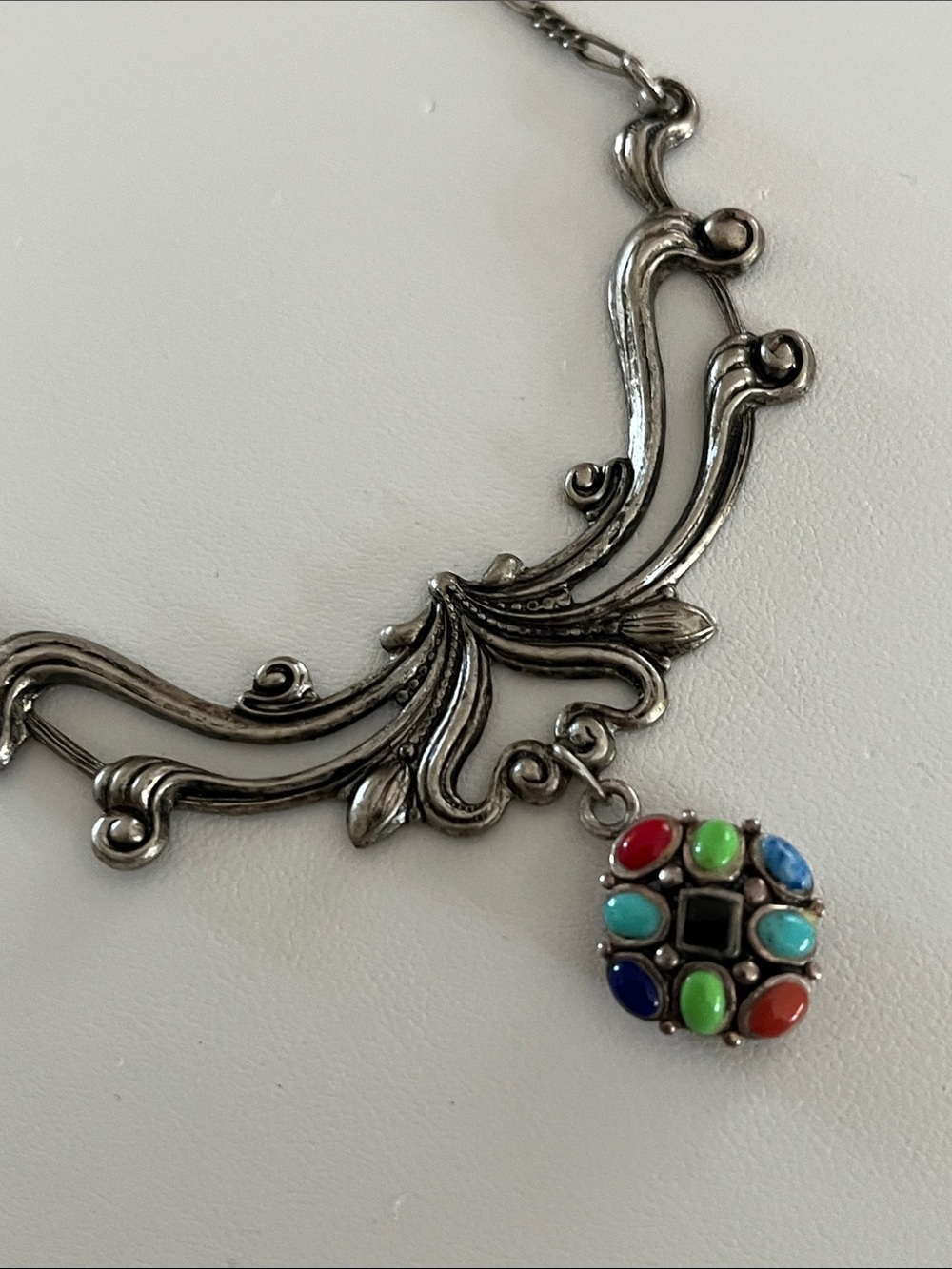 Silver-Tone Ornate Pendant Necklace with genuine Stone Accent